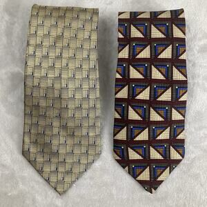 Lot of 2 Geometric Men's Neckties Gold Brown Blue Silk 58"x4"